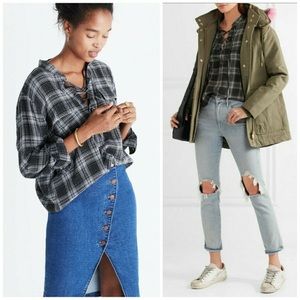 Madewell Lace Up Owens Plaid Blouse Top Medium Black Gray White